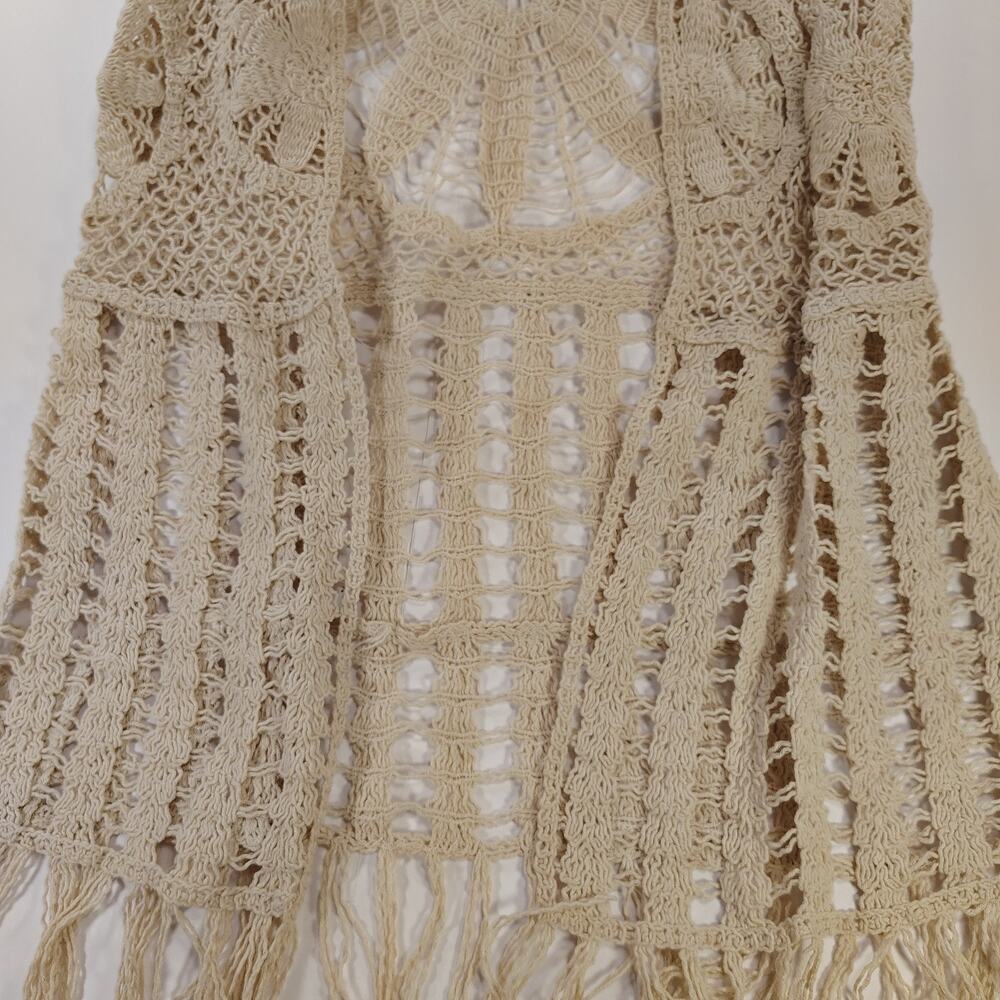 Boho Festival Cato Sz Md Cream Crochet Medallion Flower Fringe Vest Hippie Vibe - Picture 5 of 11